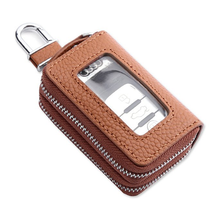 画像をギャラリービューアに読み込む, スマートキーケース 2個収納 牛革 メンズ スマートキー クリア窓 小銭入れ 車 バイクキー ダブルファスナー ポケット レザー 大容量