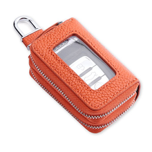 画像をギャラリービューアに読み込む, スマートキーケース　2個収納　牛革　メンズ　スマートキー クリア窓 小銭入れ　 　車　バイクキー　ダブルファスナー ポケット 　レザー 大容量
